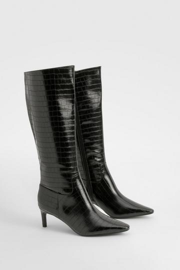 Croc Low Heel Pointed Knee High Boots black