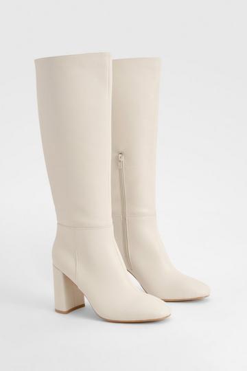 Stone Beige Textured Heeled Knee High Boot