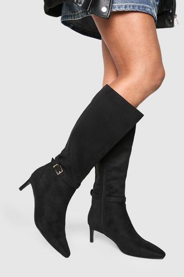 Black Low Heel Buckle Detail Pointed Knee High Boots