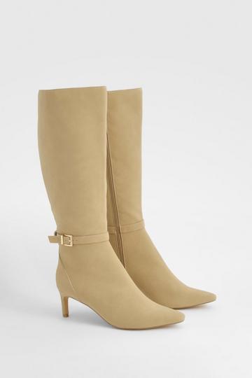 Taupe Beige Low Heel Buckle Detail Pointed Knee High Boots