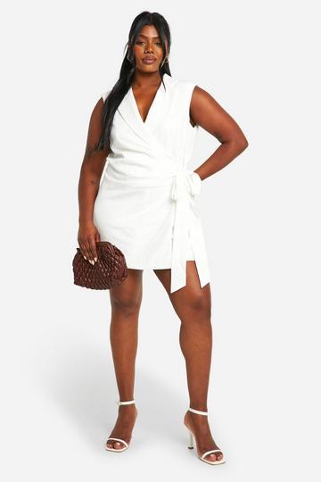 Ivory White Plus Linen Look Wrap Blazer Playsuit