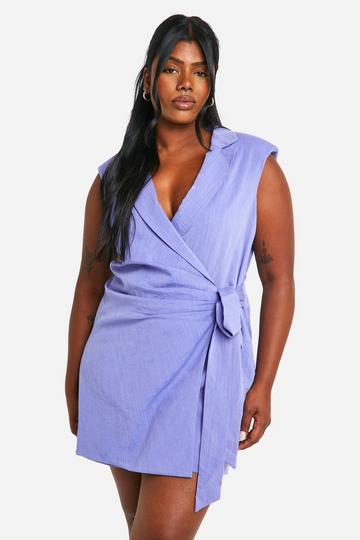 Plus Linen Wrap Blazer Romper cobalt