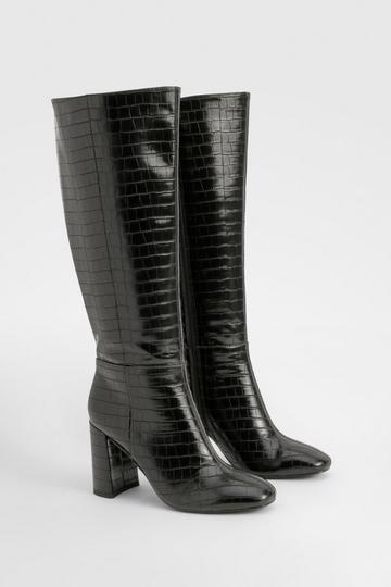 Croc Heeled Knee High Boot black