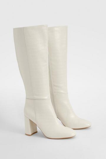 White Croc Heeled Knee High Boot