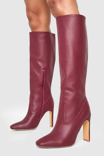 Textured High Heel Pointed Knee High Boots cherry