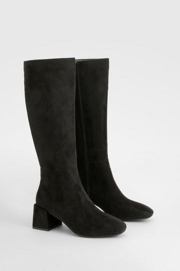 Black Faux Suede Block Heeled Knee High Boot