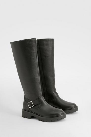 Textured Buckle Detail Chunky Knee High Boot black