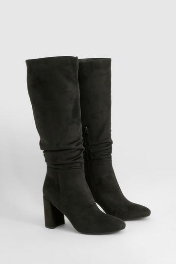 Ruched High Block Heeled Knee High Boots black