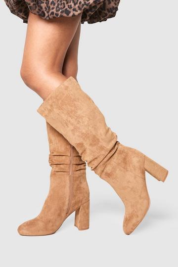 Taupe Beige Ruched High Block Heeled Knee High Boots