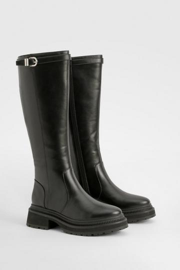 Black Buckle Strap Detail Chunky Knee High Boots