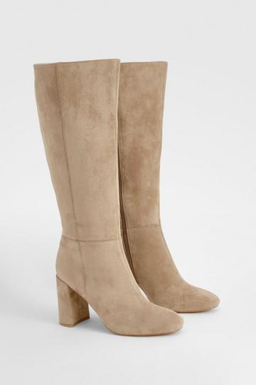 Panel Detail Heeled Block Heeled Knee High Boots taupe