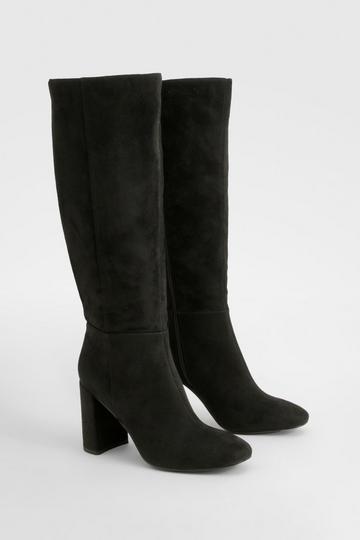 Black Panel Detail Heeled Block Heeled Knee High Boots