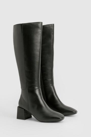 Black Panel Detail Block Heel Knee High Boots