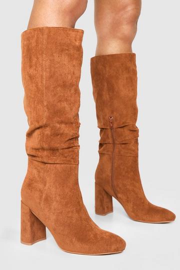 Tan Brown Ruched High Block Heeled Knee High Boots