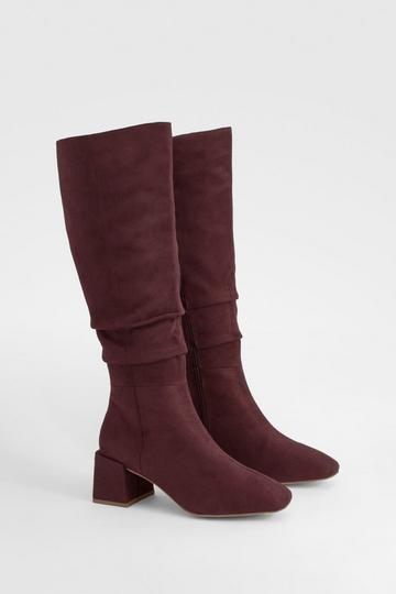 Chocolate Brown Ruched Slouch Block Heel Knee High Boots