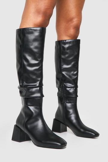 Ruched Slouch Block Heel Knee High Boots black