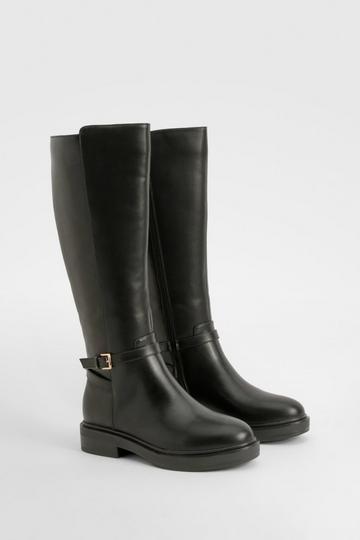 Black Buckle Detail Riding Knee High Boots