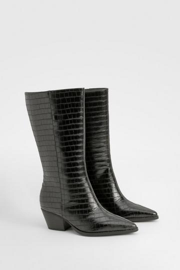 Black Wide Fit Croc Low Block Calf High Western Boots