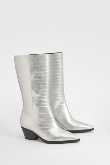 Wide Fit Croc Low Block Calf High Western Boots silver