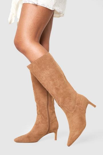 Wide Fit Knee High Low Heeled Boots camel