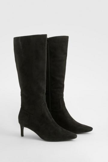 Black Wide Fit Knee High Low Heeled Boots