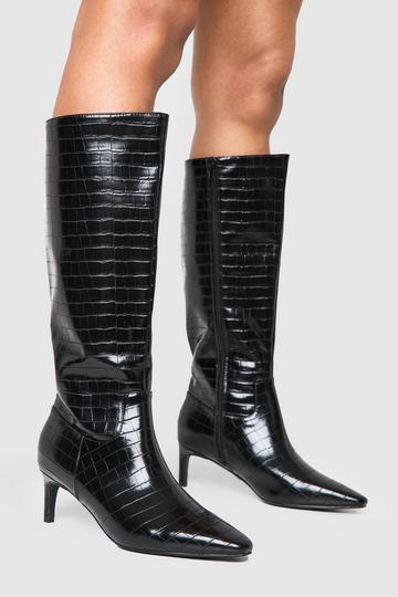 Black Wide Fit Croc Knee High Low Heeled Boots