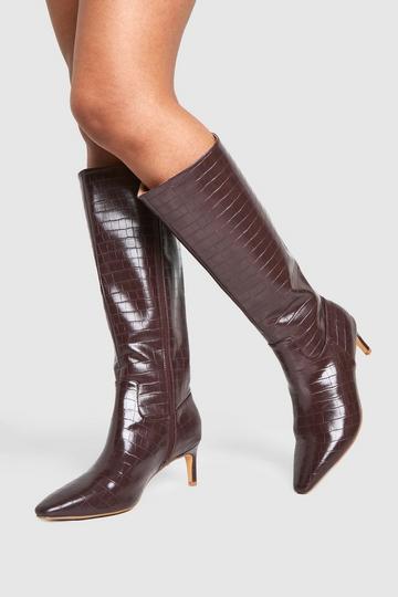 Chocolate Brown Wide Fit Croc Knee High Low Heeled Boots