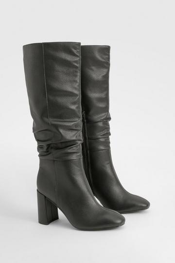 Wide Fit Textured Ruched Heeled Knee High Boots black