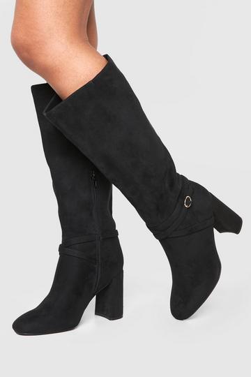 Wide Fit Buckle Detail Heeled Knee High Boots black