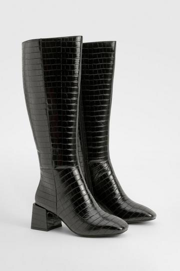 Wide Fit Croc Block Knee High Boots black