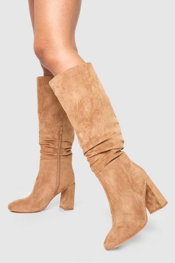 Wide Fit Ruched Heeled Knee High Boots camel