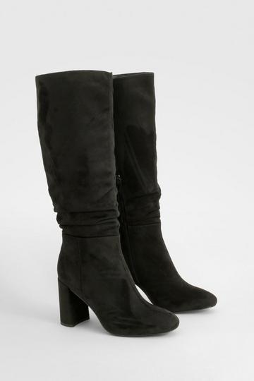 Wide Width Ruched Wide Shaft Heeled Knee High Boots black