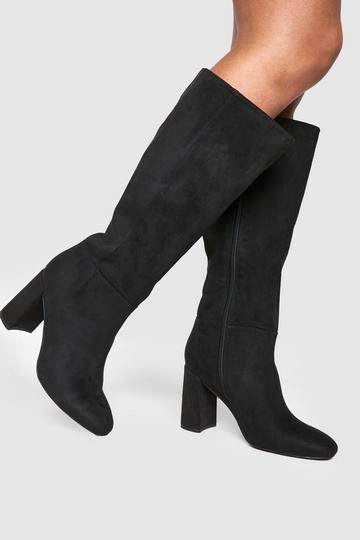 Wide Width Panel Detail Heeled Knee High Boots black