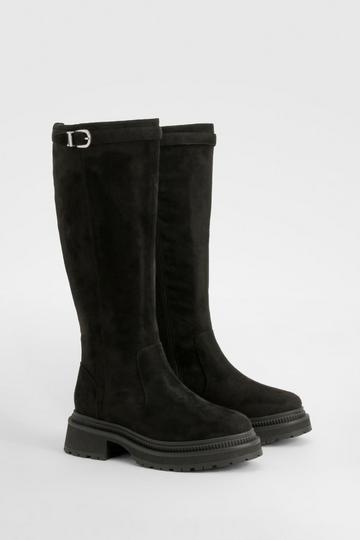 Wide Fit Buckle Detail Chunky Knee High Boots black