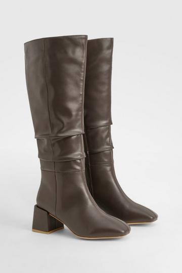 Wide Fit Ruched Block Knee High Boots chocolate