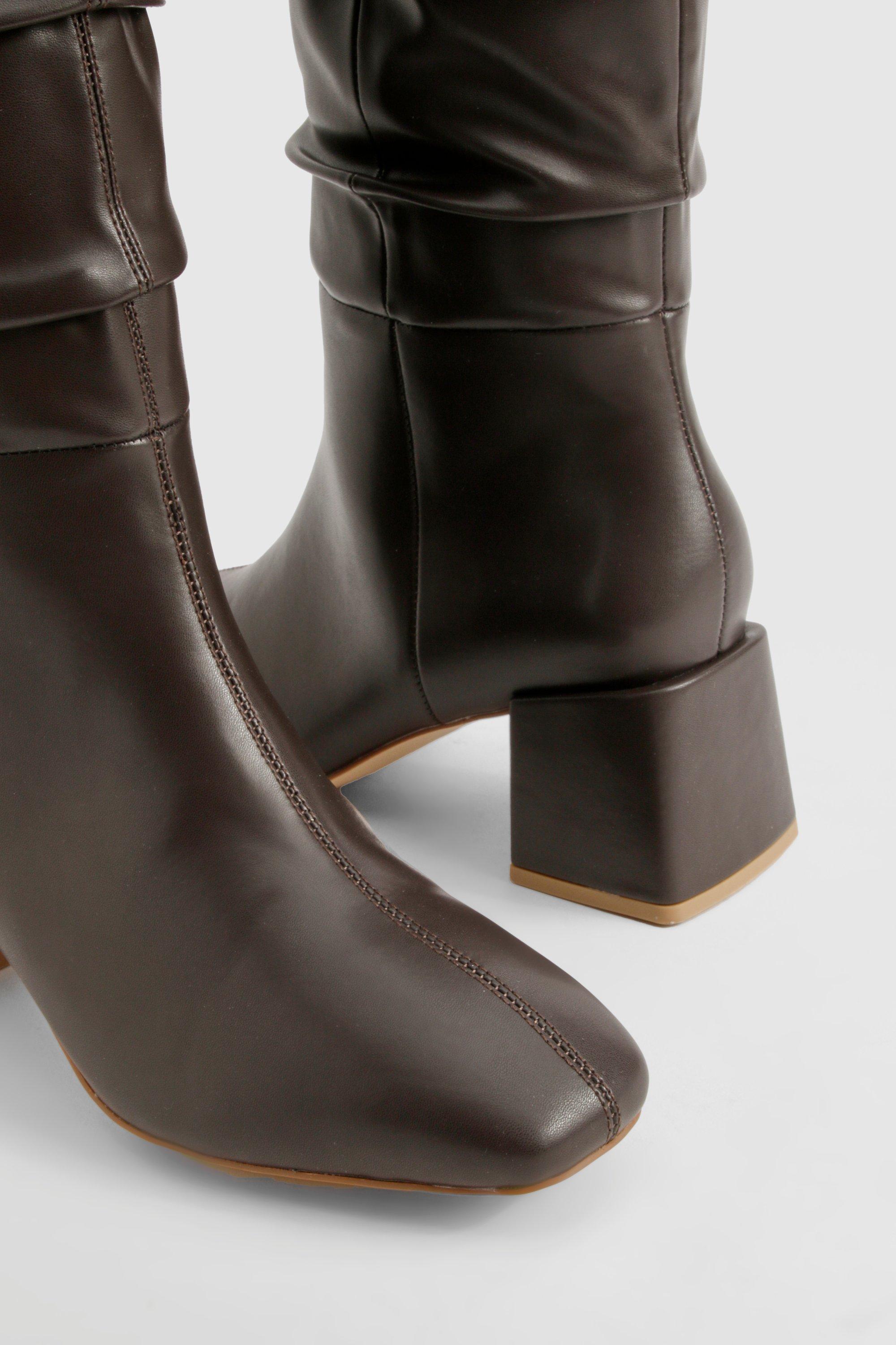 Boohoo Women s Wide Fit Ruched Block Knee High Boots Brown