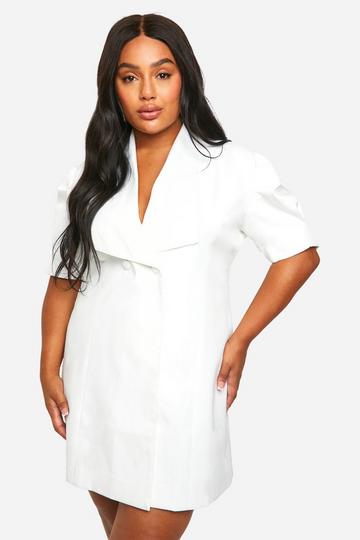 White Plus Bow Detail Puff Sleeve Blazer Dress