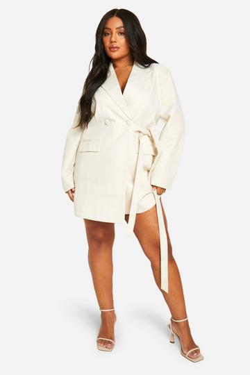 Stone Beige Plus Textured Tie Side Blazer Dress