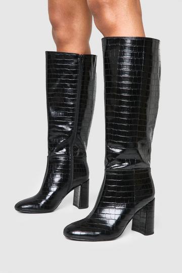 Wide Fit Croc Flared Heel Knee High Boots black