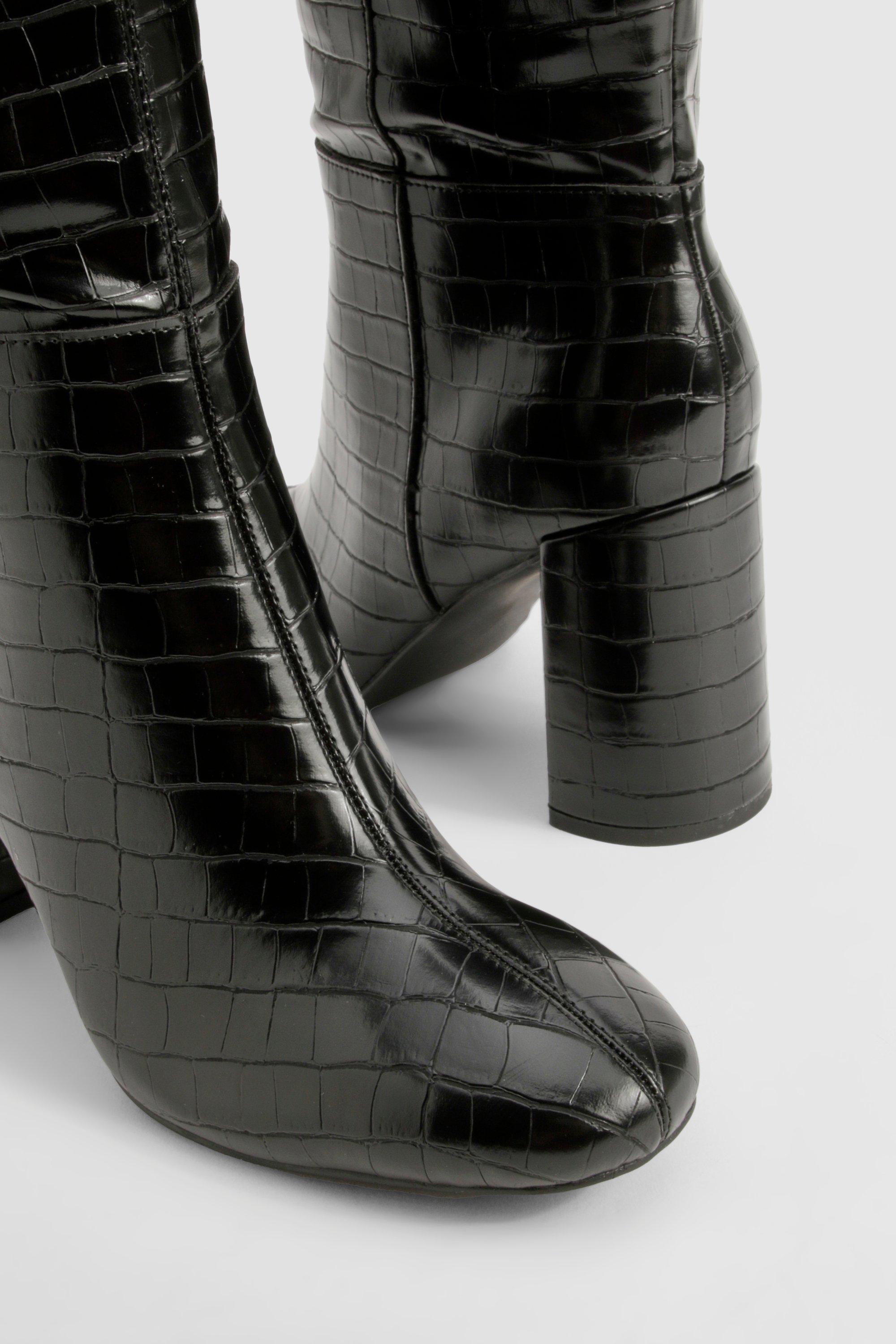 Wide Fit Croc Flared Heel Knee High Boots