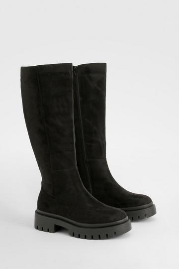 Wide Fit Panel Detail Chunky Knee High Boot black