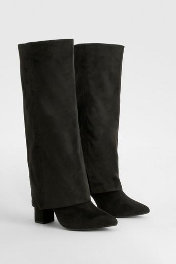 Black Wide Fit Fold Over Heeled Knee High Boots