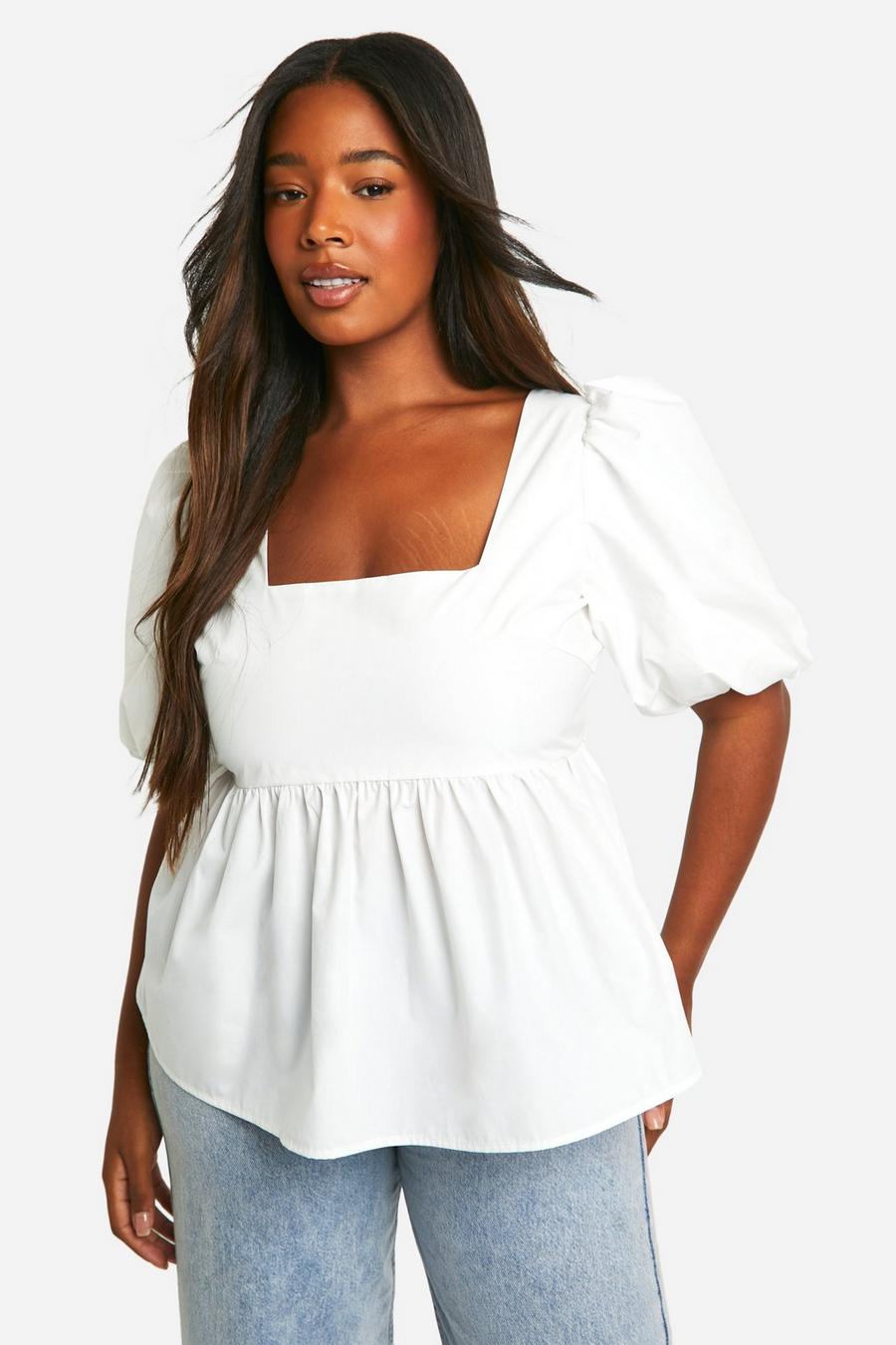 White Plus Puff Sleeve Strappy Back Top image number 1