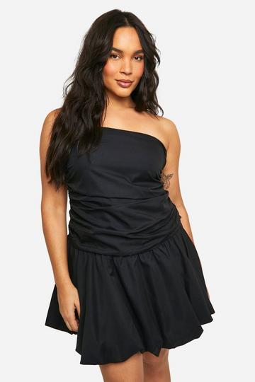 Plus Geplooide Strapless Mini Jurk Met Open Rug En Pofmouwen black