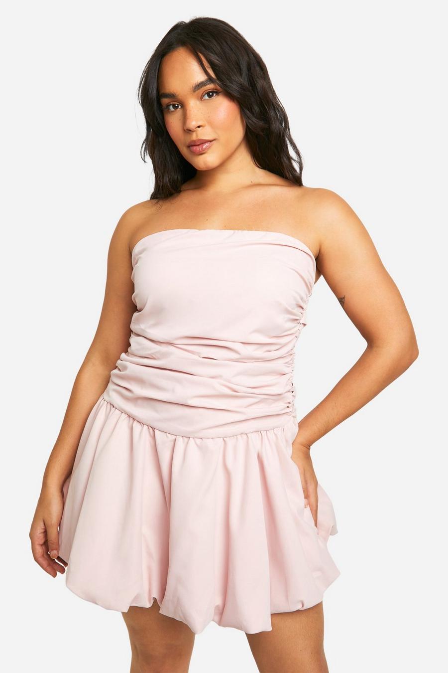 Baby pink Plus Ruched Bandeau Puff Ball Mini Dress image number 1
