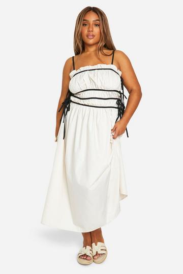 Plus Contrast Shirred Waist Midi Dress ecru