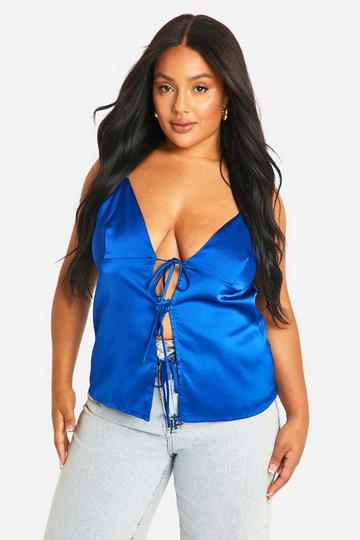 Plus Satin Tie Front Detail Cami cobalt