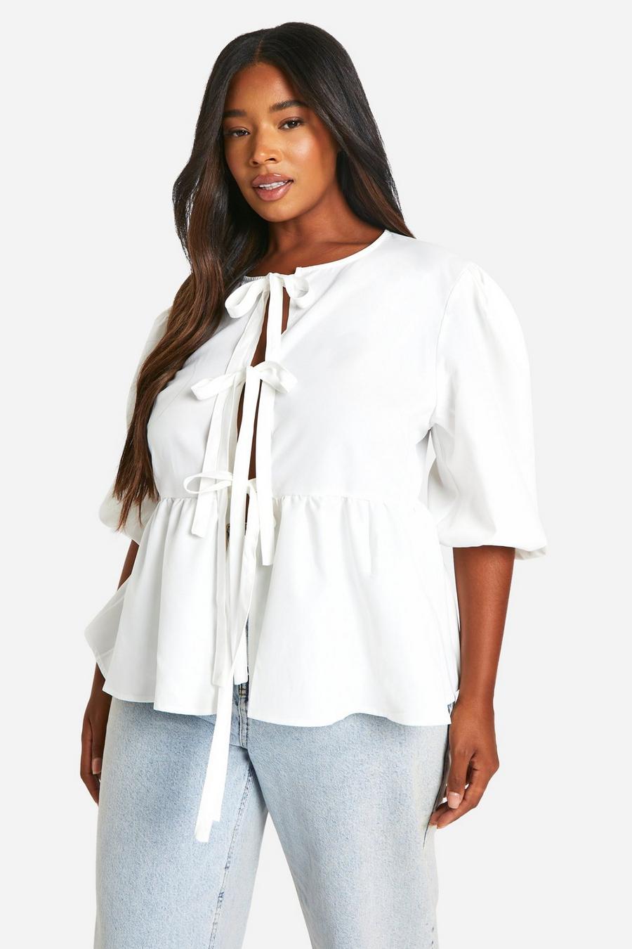 White Plus Tie Front Puff Sleeve Top image number 1