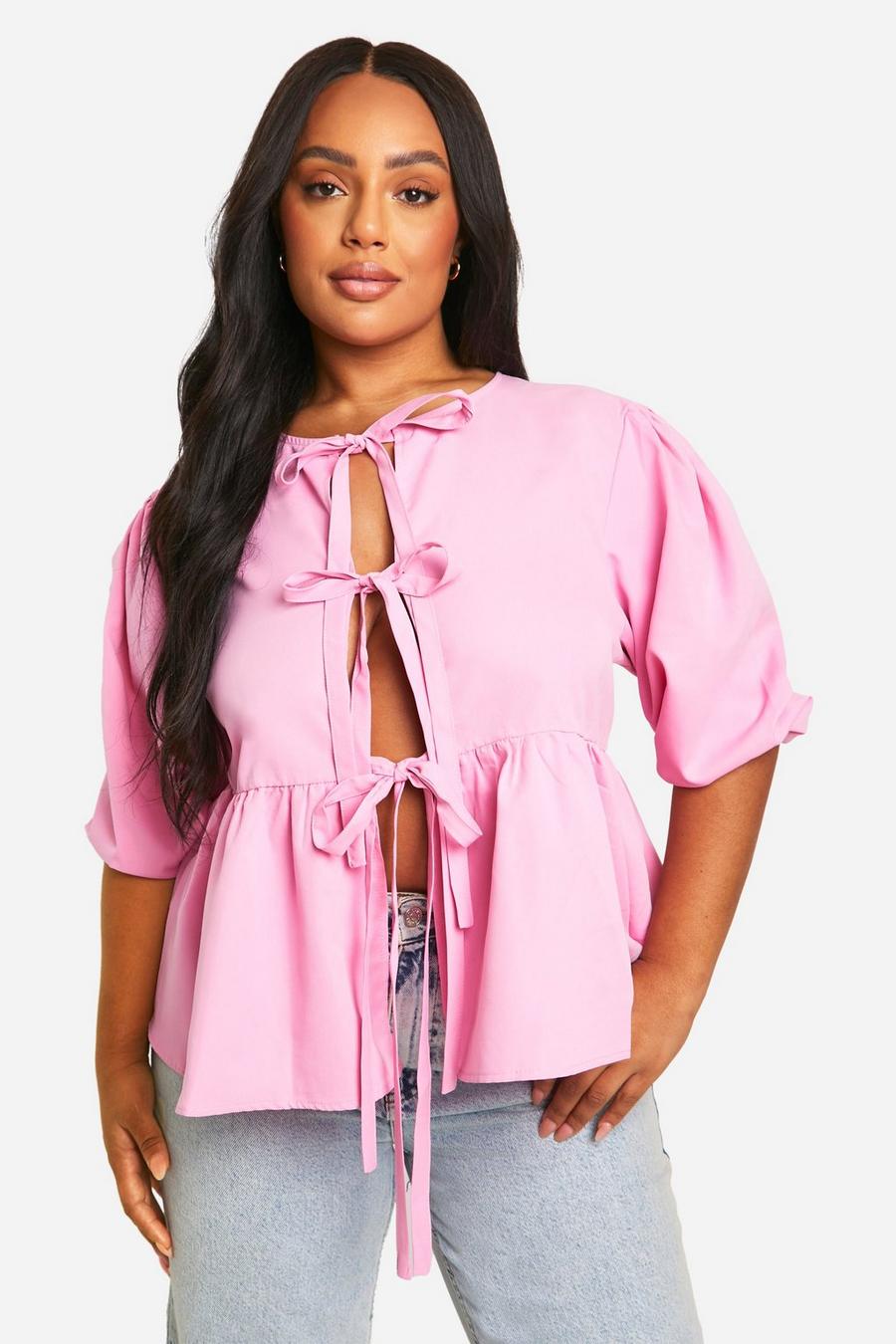 Hot pink Plus Tie Front Puff Sleeve Top