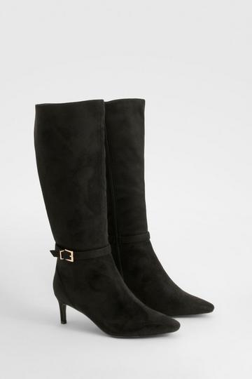 Wide Fit Buckle Detail Low Heel Knee High Boots black